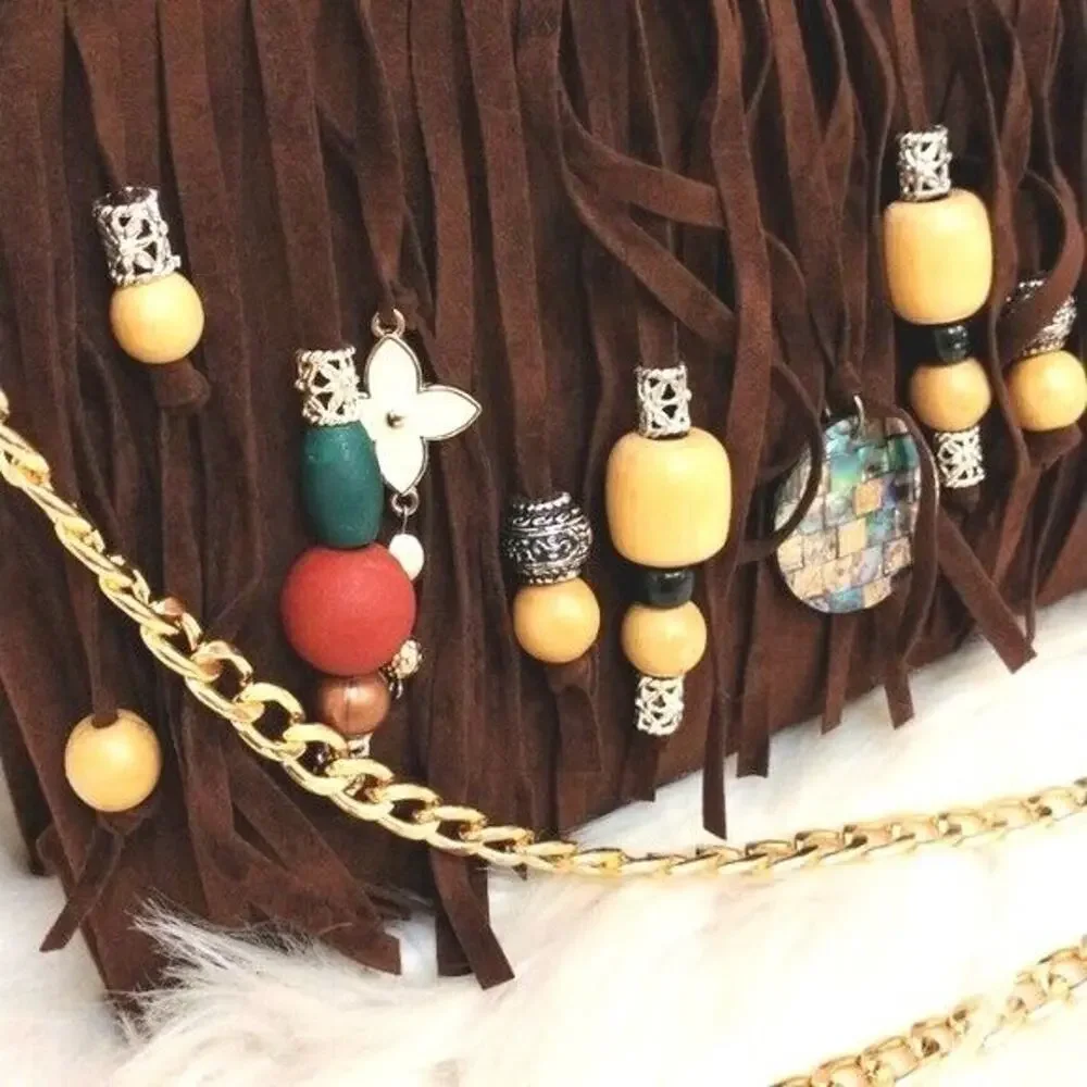 CROSSBODY BROWN Fringed Purse BOHEMIAN Luxury Gold Chain Charms Flower Gypsy NEW